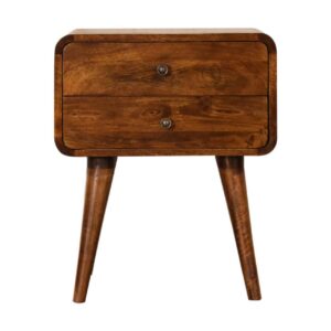 Solid Mango Wood Chestnut Finished Curve Plug In Your Devices Easily 2 Drawer Bedside
