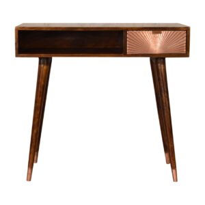 Solid Mango Wood Chestnut Finished 1 Drawer 1 Slot Manila Rose Gold Writing Desk