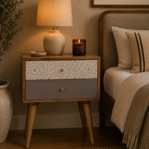 Solid Mango Wood Oak Finished with 2 Drawers Grey & Patterned Bedside
