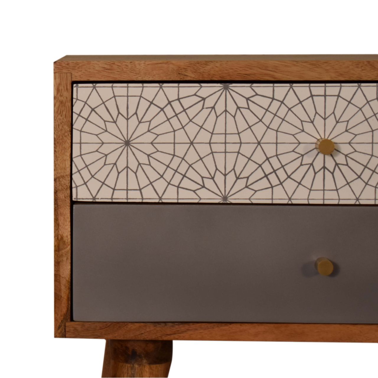 Solid Mango Wood Oak Finished with 2 Drawers Grey & Patterned Bedside - Image 5