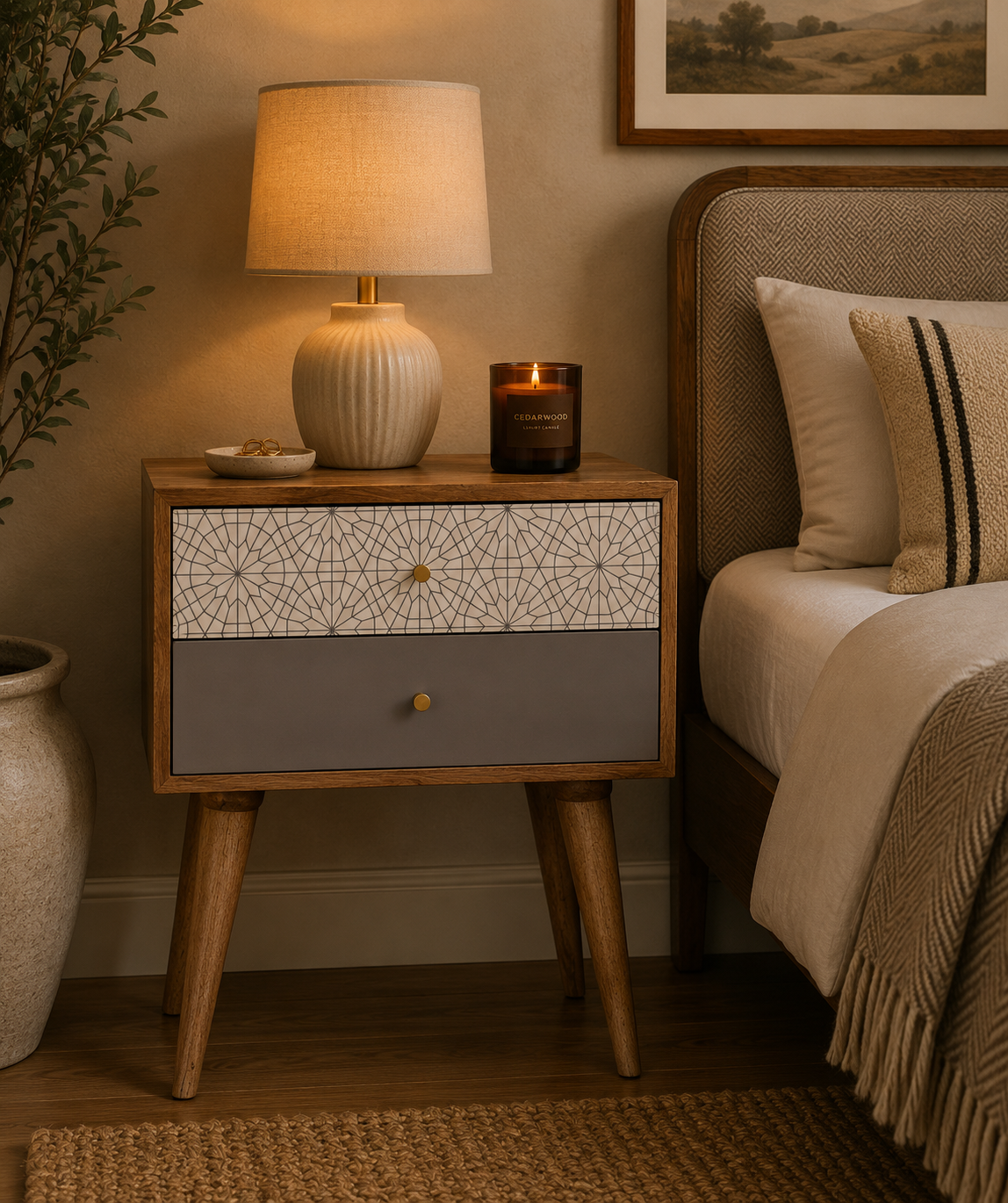 Solid Mango Wood Oak Finished with 2 Drawers Grey & Patterned Bedside