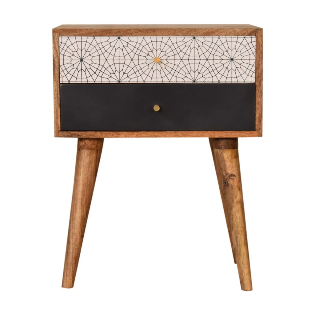 Solid Mango Wood Oak Finished 2 Drawer Hand Painted Black Patterned Bedside
