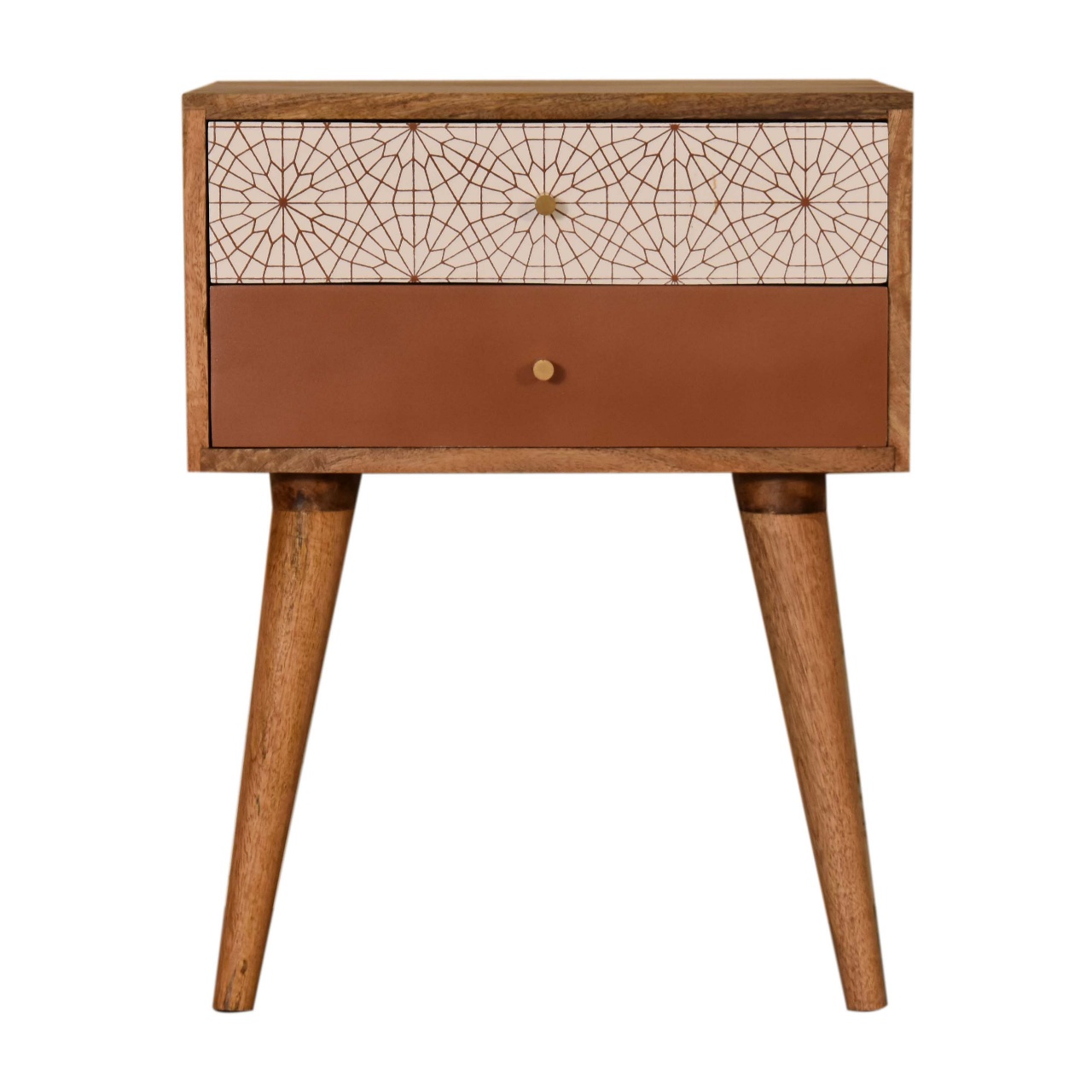 Solid Mango Wood Oak Finished 2 Drawer Hand Painted Brown & Brick Red Patterned Bedside