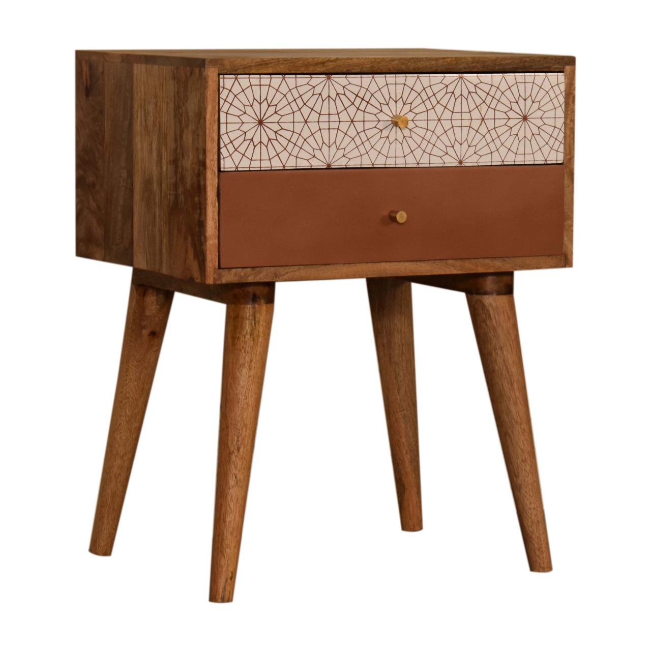 Solid Mango Wood Oak Finished 2 Drawer Hand Painted Brown & Brick Red Patterned Bedside - Image 2