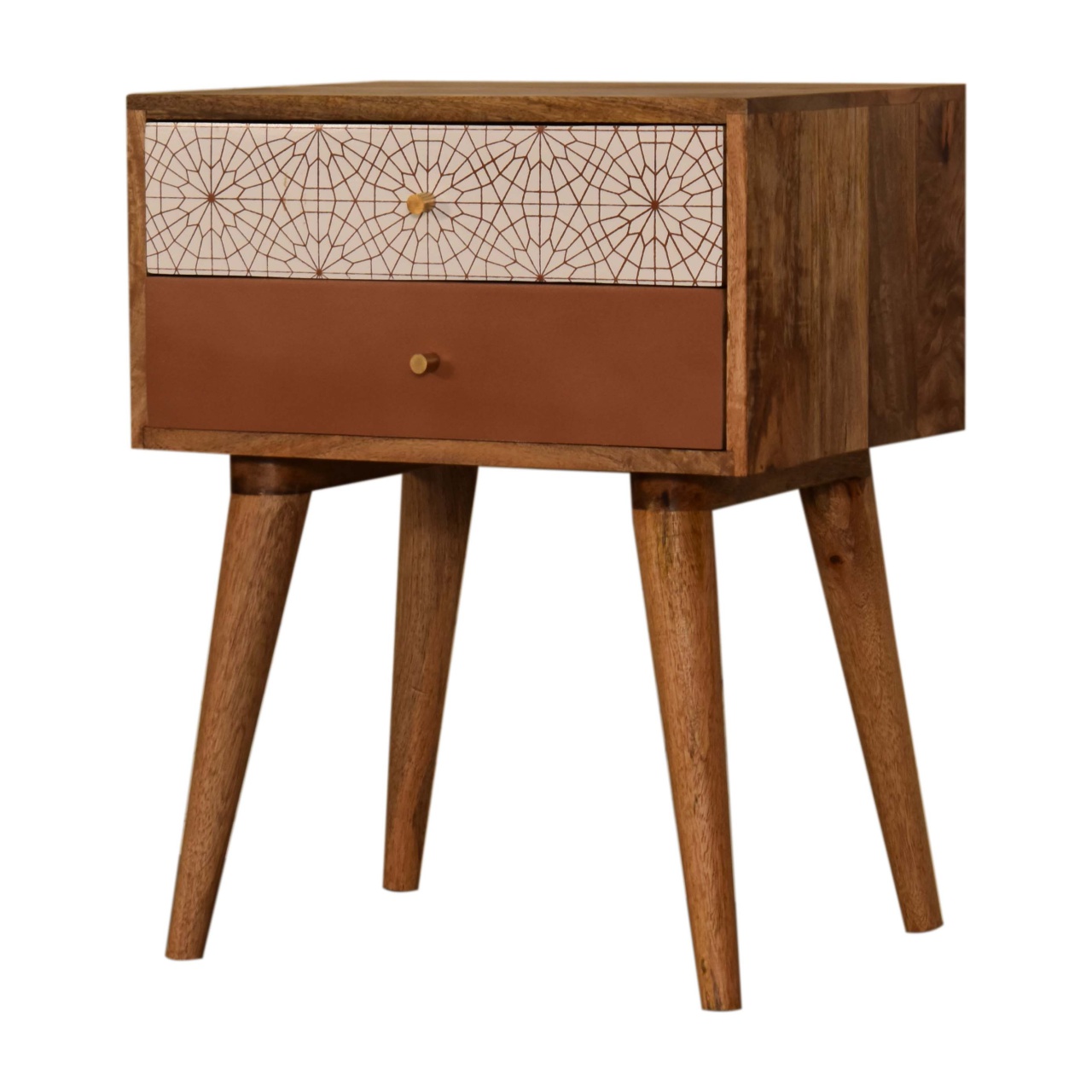 Solid Mango Wood Oak Finished 2 Drawer Hand Painted Brown & Brick Red Patterned Bedside - Image 3