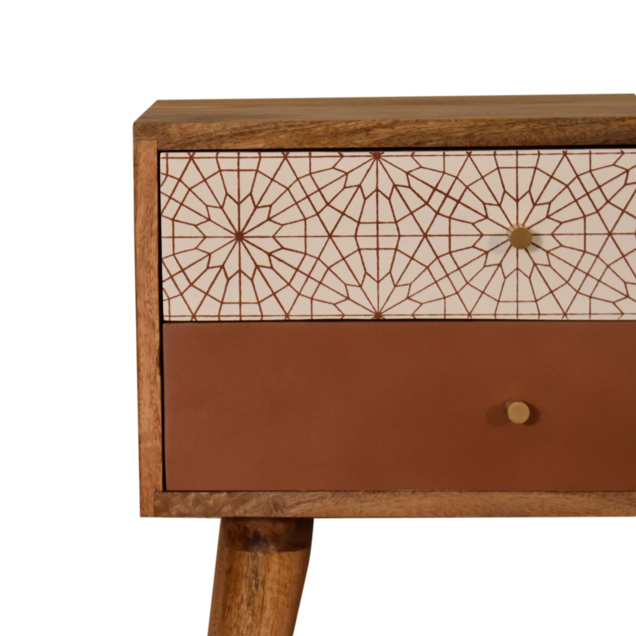 Solid Mango Wood Oak Finished 2 Drawer Hand Painted Brown & Brick Red Patterned Bedside - Image 4