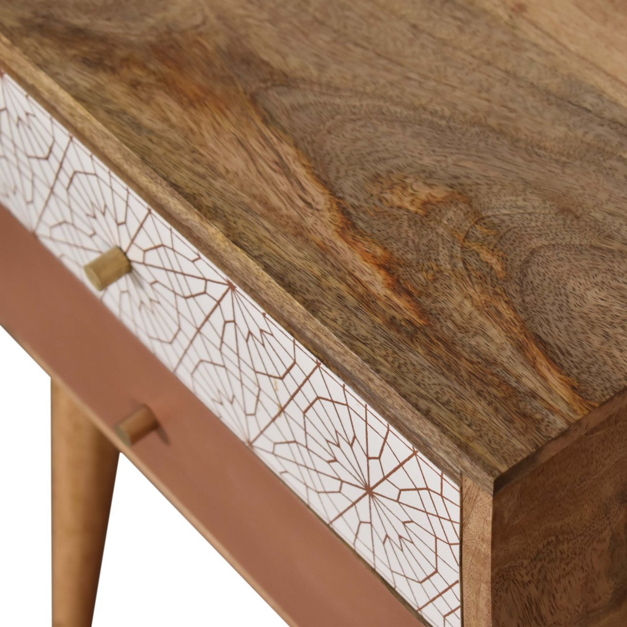 Solid Mango Wood Oak Finished 2 Drawer Hand Painted Brown & Brick Red Patterned Bedside - Image 6