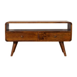 Solid Mango Wood Chestnut Finished 2 Drawer Curved Plug In Your Devices TV Unit