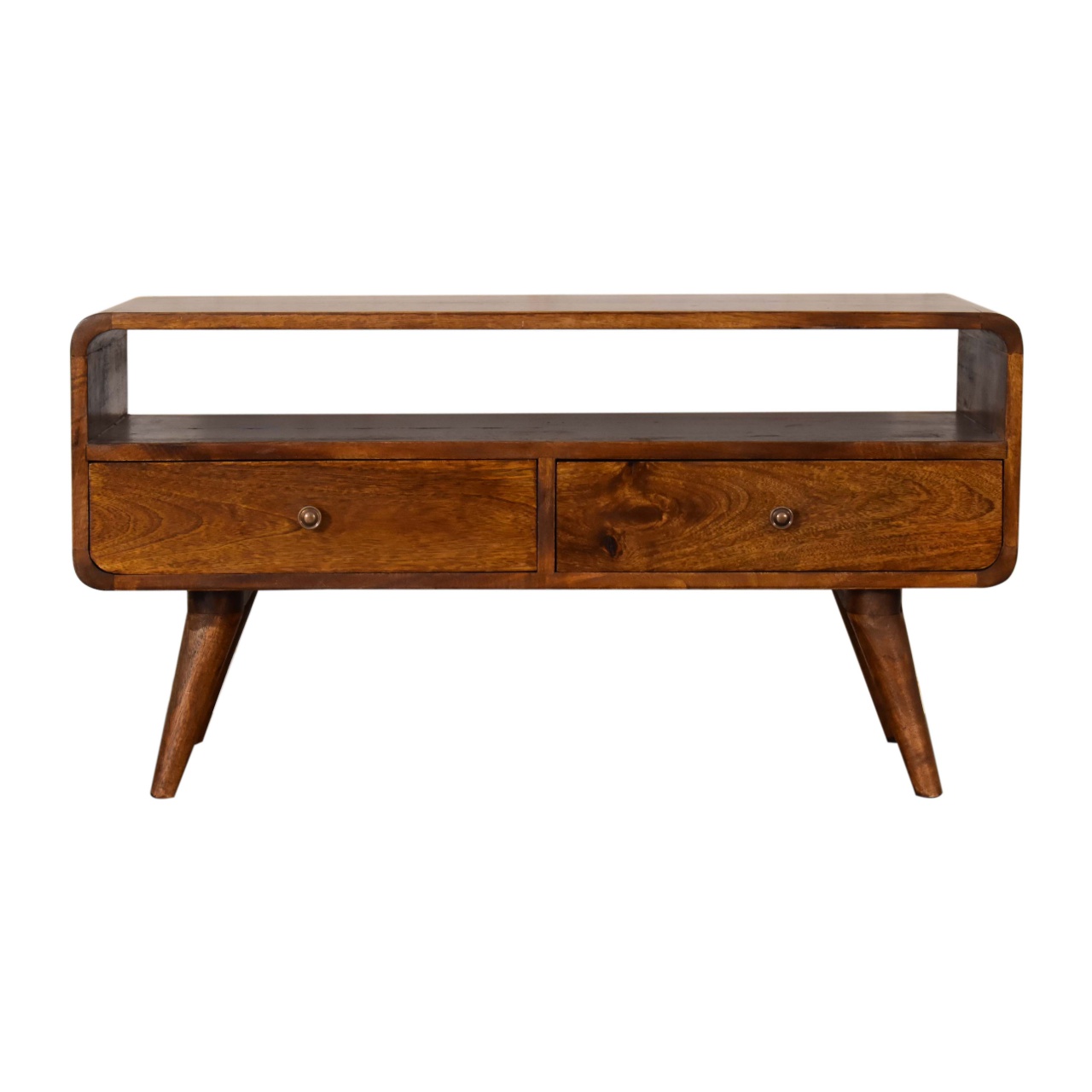Solid Mango Wood Chestnut Finished 2 Drawer Curved Plug In Your Devices TV Unit