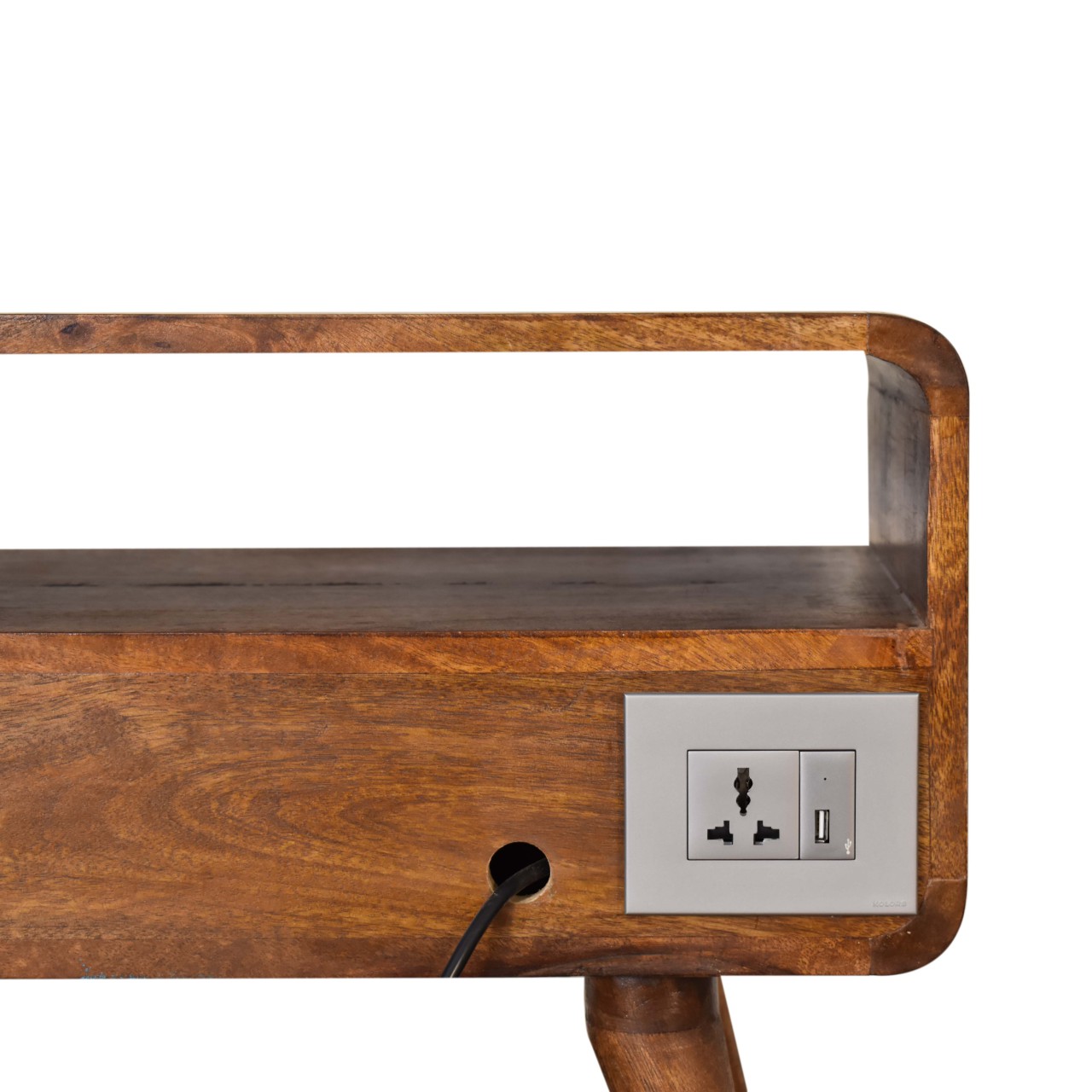 Solid Mango Wood Chestnut Finished 2 Drawer Curved Plug In Your Devices TV Unit - Image 9