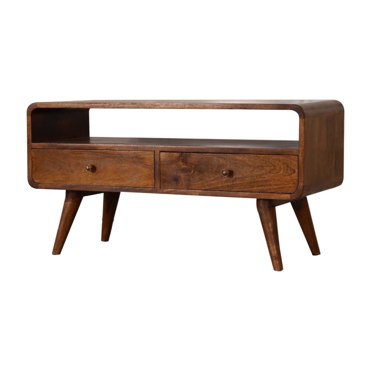 Solid Mango Wood Chestnut Finished 2 Drawer Curved Plug In Your Devices TV Unit - Image 2