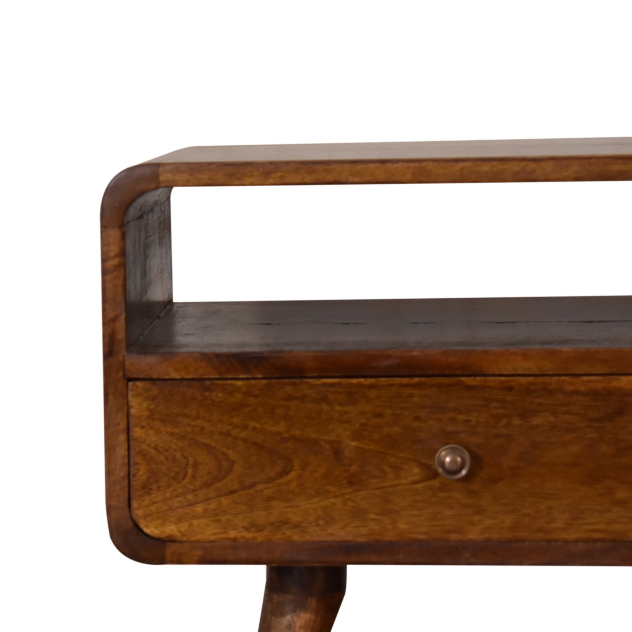 Solid Mango Wood Chestnut Finished 2 Drawer Curved Plug In Your Devices TV Unit - Image 4