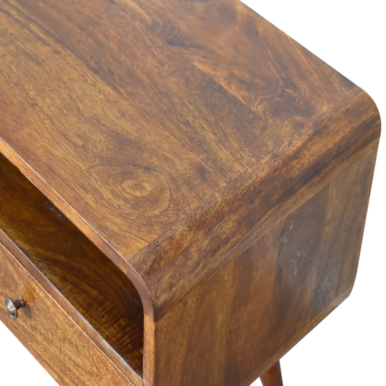 Solid Mango Wood Chestnut Finished 2 Drawer Curved Plug In Your Devices TV Unit - Image 5