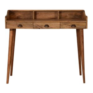 Solid Mango Wood Oak Finished 3 Drawer Gallery Back Device Friendly Cable Writing Desk