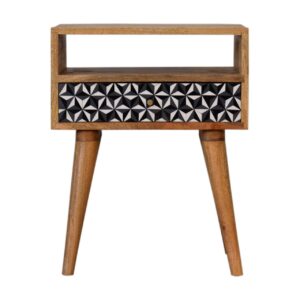 Solid Mango Wood Oak Finished 1 Drawer 1 Slot Black & White Pattern Bedside