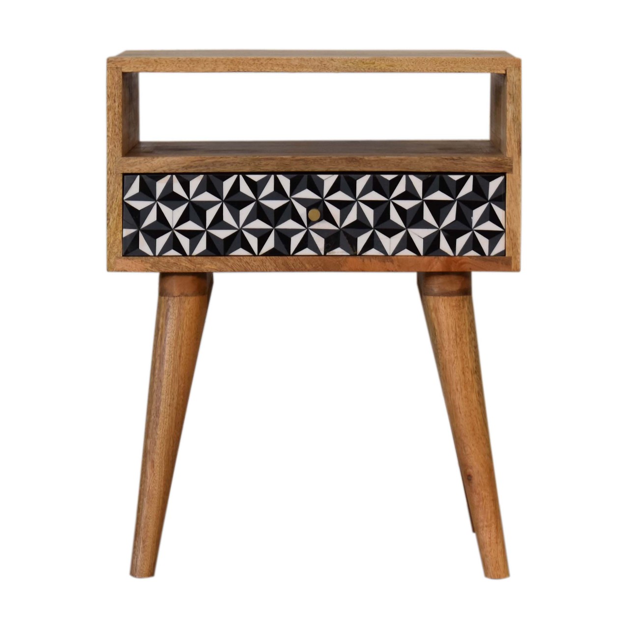 Solid Mango Wood Oak Finished 1 Drawer 1 Slot Black & White Pattern Bedside