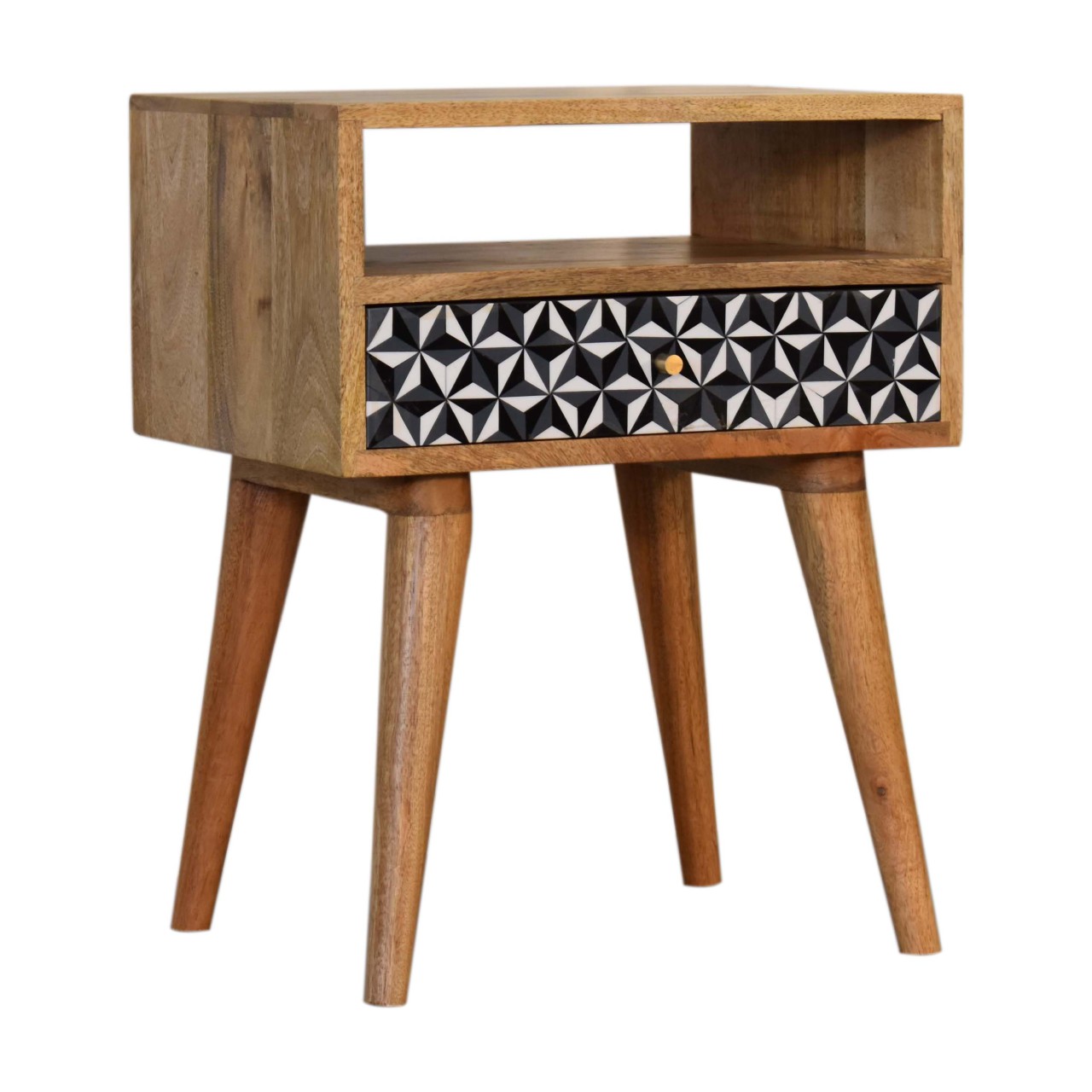 Solid Mango Wood Oak Finished 1 Drawer 1 Slot Black & White Pattern Bedside - Image 2