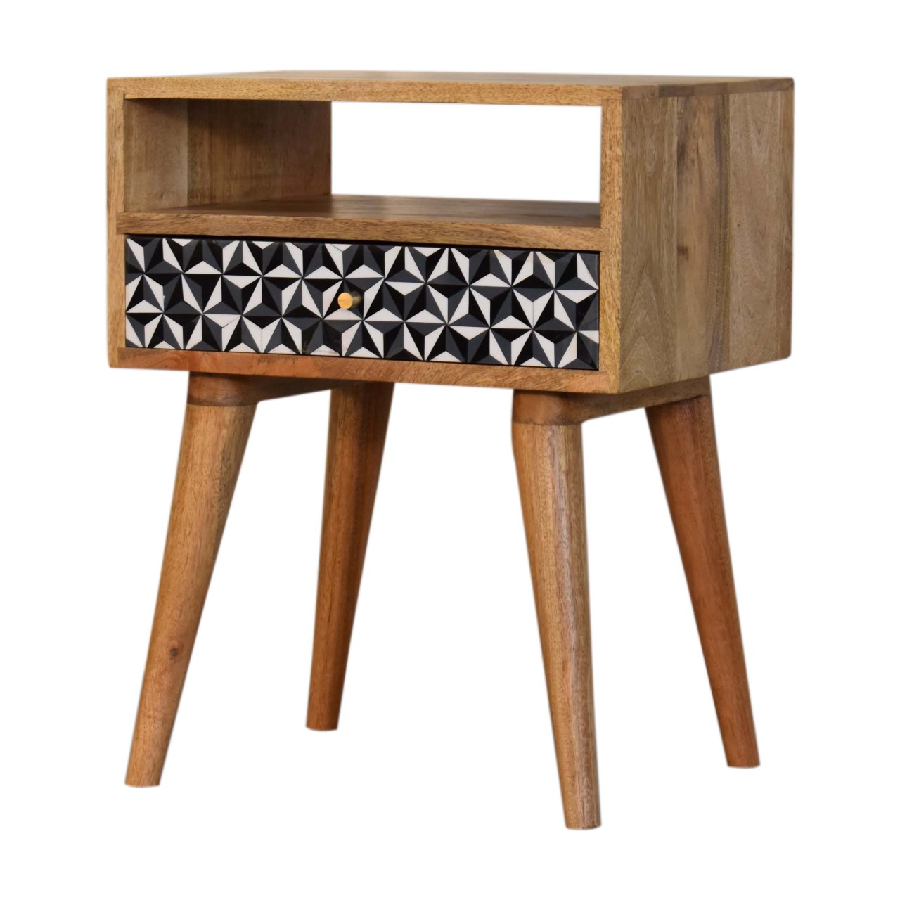Solid Mango Wood Oak Finished 1 Drawer 1 Slot Black & White Pattern Bedside - Image 3