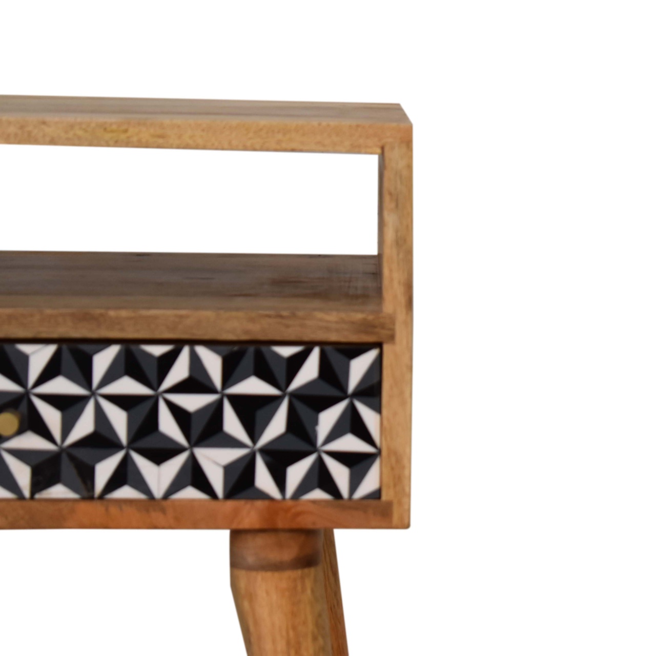 Solid Mango Wood Oak Finished 1 Drawer 1 Slot Black & White Pattern Bedside - Image 4