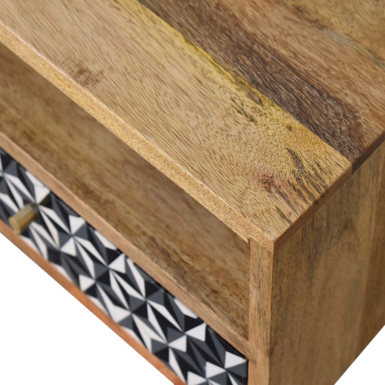 Solid Mango Wood Oak Finished 1 Drawer 1 Slot Black & White Pattern Bedside - Image 5