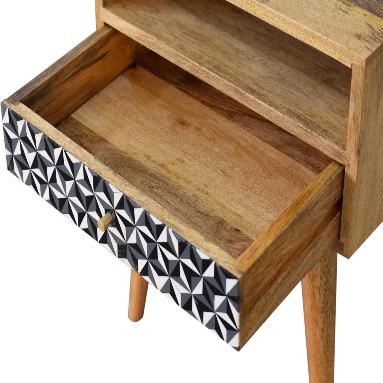 Solid Mango Wood Oak Finished 1 Drawer 1 Slot Black & White Pattern Bedside - Image 6