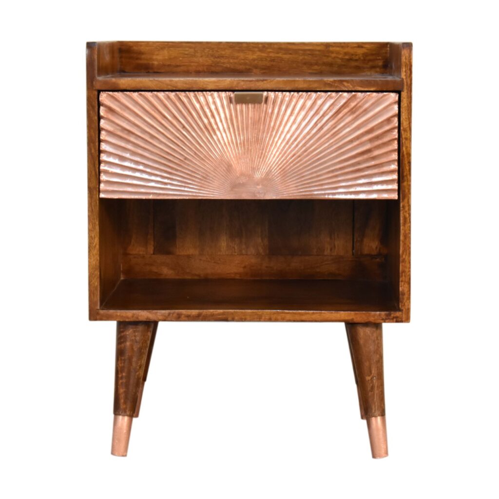 Solid Mango Wood Chestnut Finished Manila Copper Front 1 Drawer Bedside
