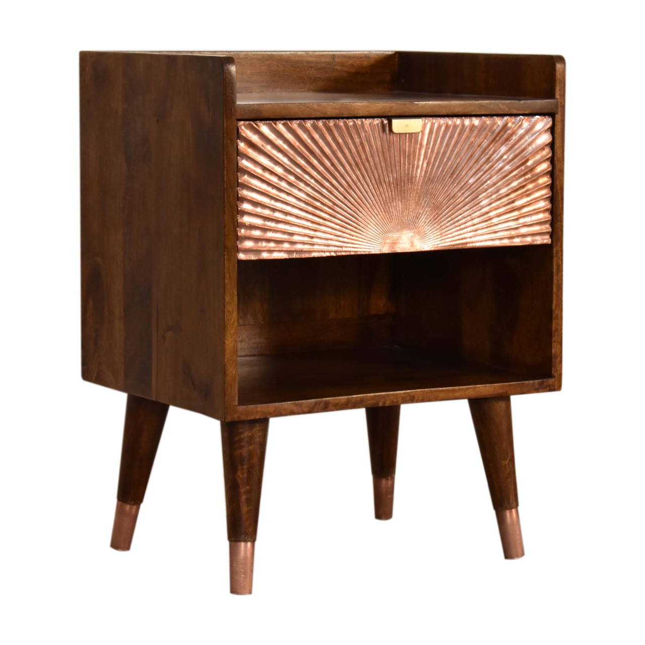 Solid Mango Wood Chestnut Finished Manila Copper Front 1 Drawer Bedside - Image 2