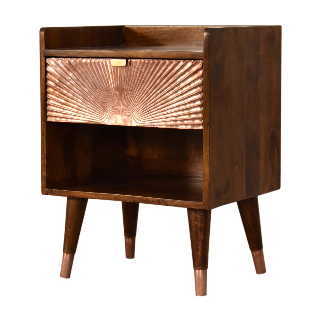 Solid Mango Wood Chestnut Finished Manila Copper Front 1 Drawer Bedside - Image 3