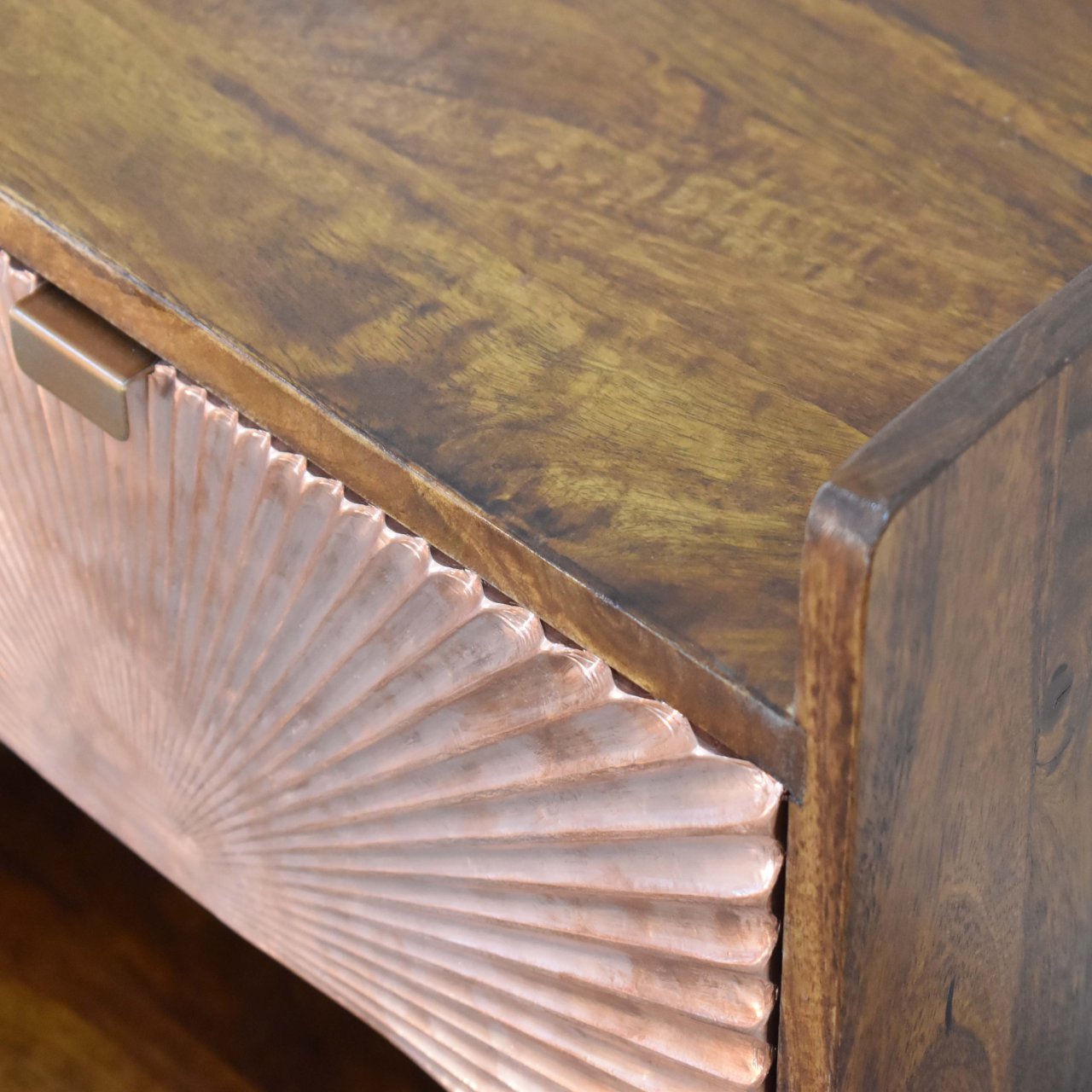 Solid Mango Wood Chestnut Finished Manila Copper Front 1 Drawer Bedside - Image 5