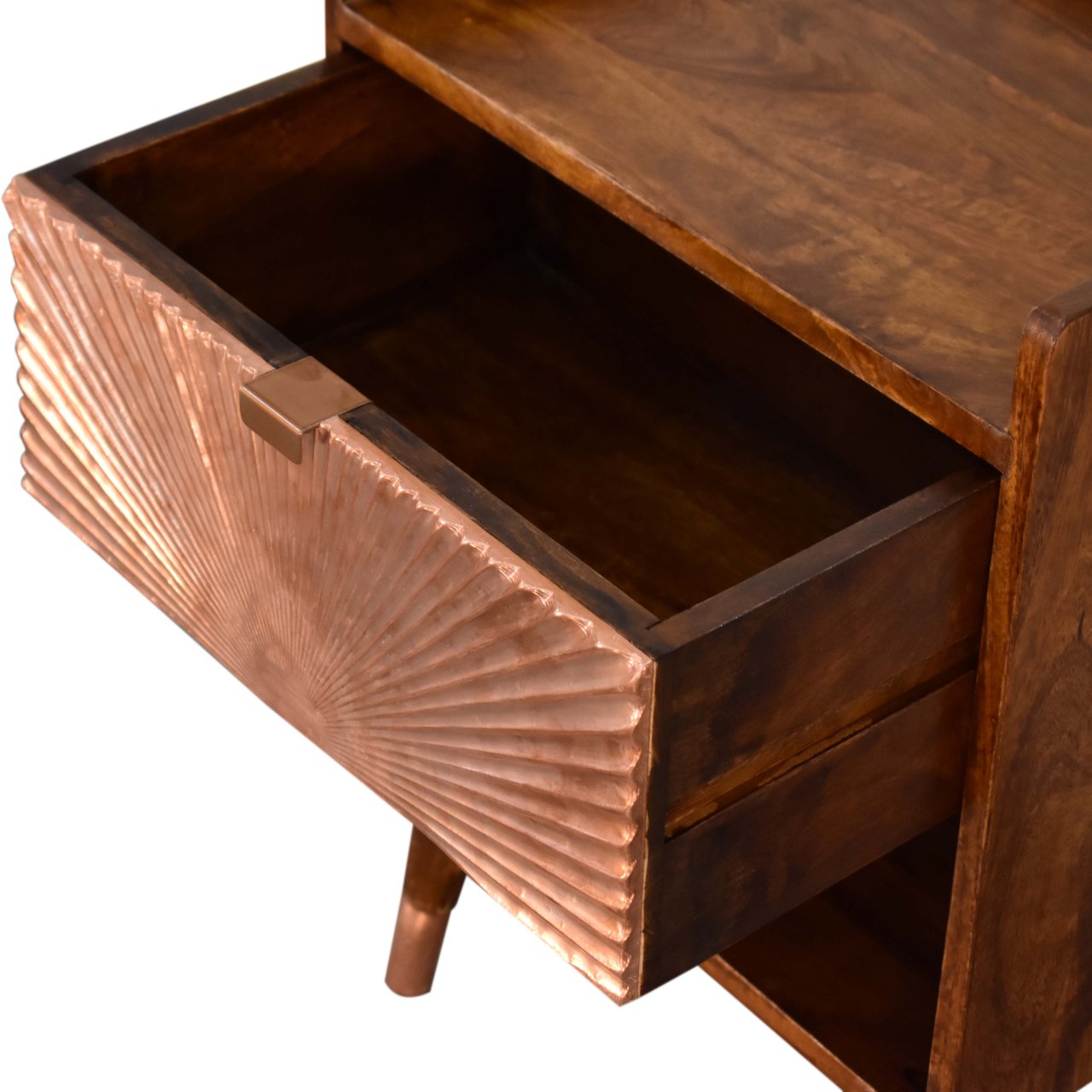 Solid Mango Wood Chestnut Finished Manila Copper Front 1 Drawer Bedside - Image 6