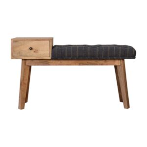 Solid Mango Wood Oak Finished Pewter Tweed Upholstered 1 Drawer Bench