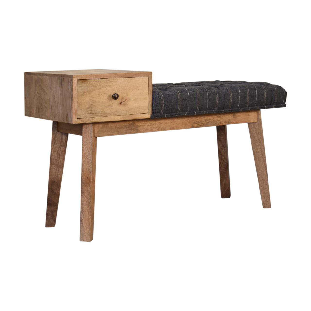 Solid Mango Wood Oak Finished Pewter Tweed Upholstered 1 Drawer Bench - Image 2