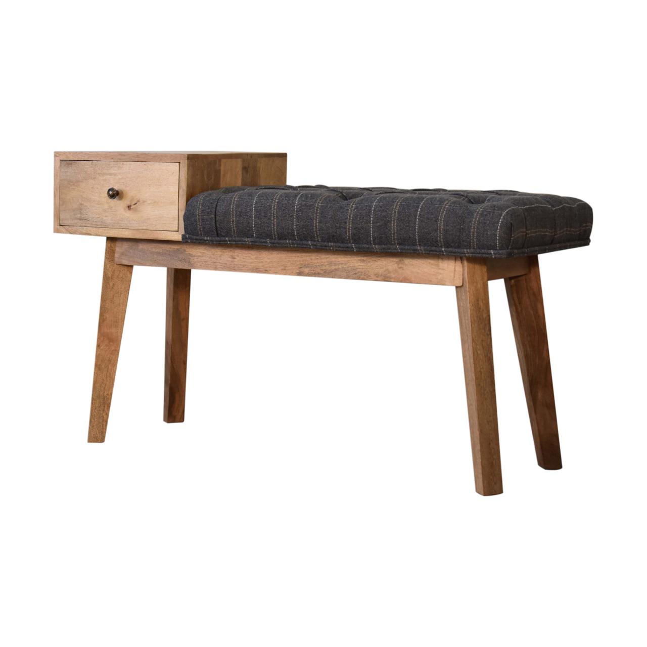Solid Mango Wood Oak Finished Pewter Tweed Upholstered 1 Drawer Bench - Image 3
