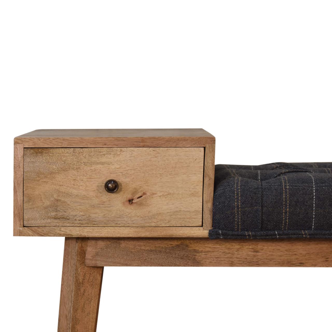 Solid Mango Wood Oak Finished Pewter Tweed Upholstered 1 Drawer Bench - Image 4