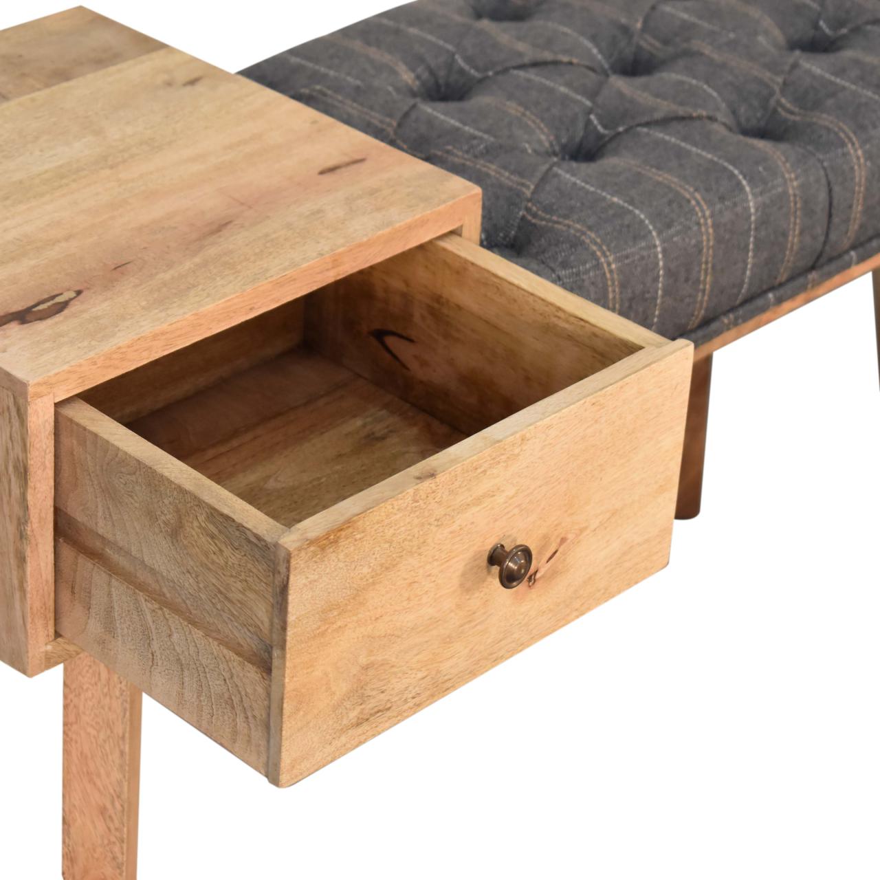 Solid Mango Wood Oak Finished Pewter Tweed Upholstered 1 Drawer Bench - Image 6