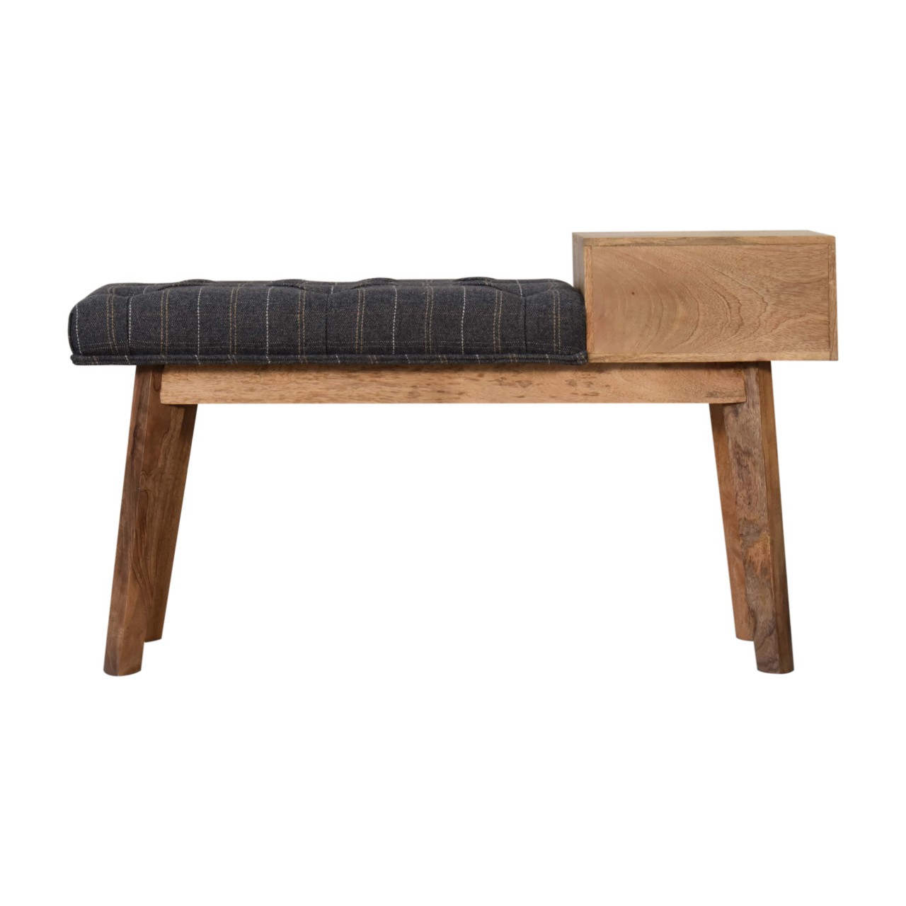 Solid Mango Wood Oak Finished Pewter Tweed Upholstered 1 Drawer Bench - Image 9