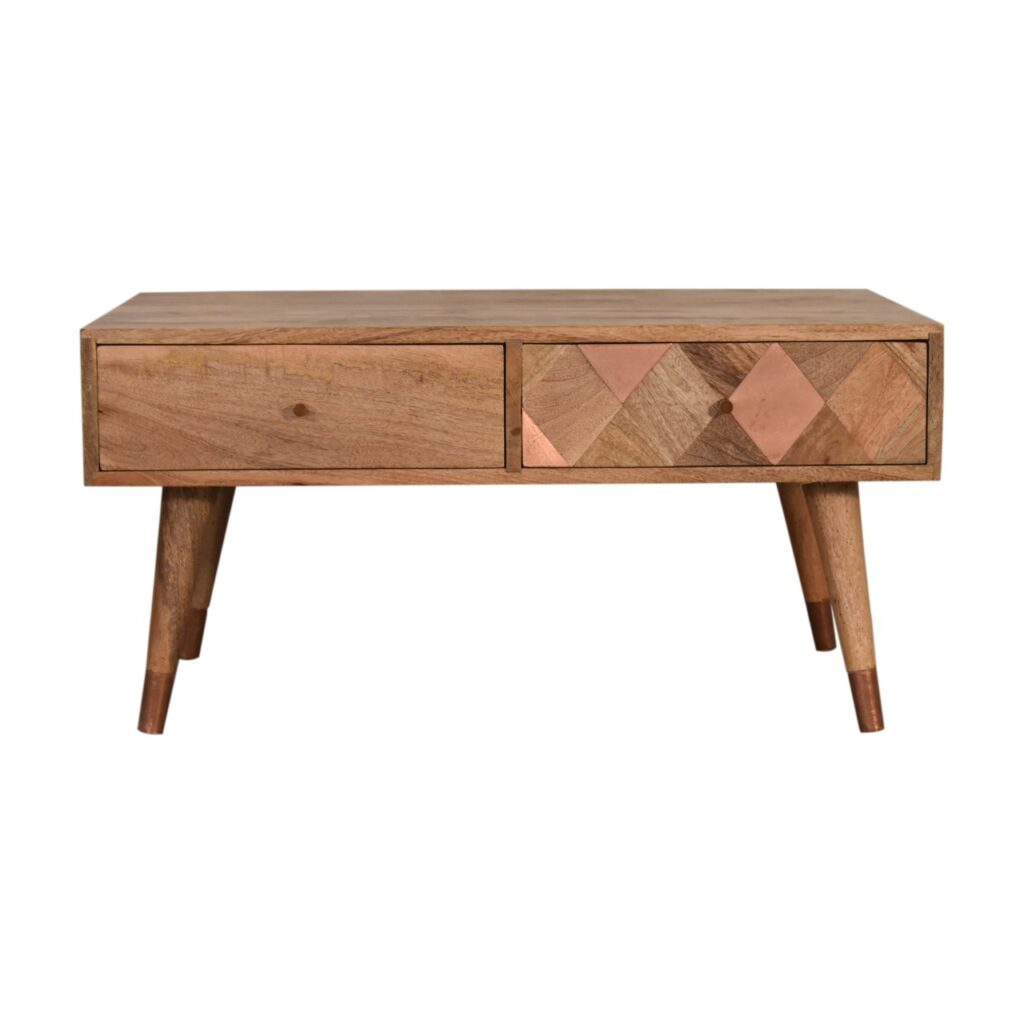 Solid Mango Wood Oak Finished 2 Drawer Copper Inlay Coffee Table