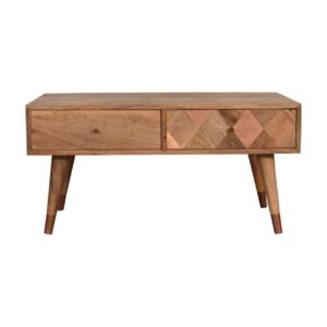 Solid Mango Wood Oak Finished 2 Drawer Copper Inlay Coffee Table