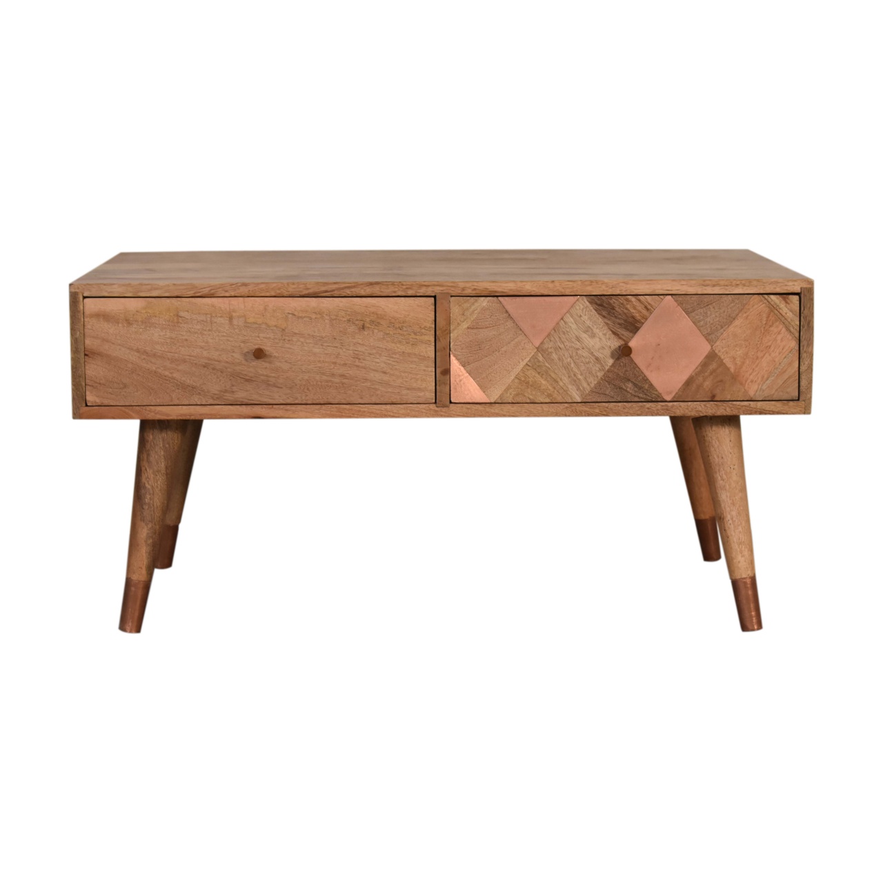 Solid Mango Wood Oak Finished 2 Drawer Copper Inlay Coffee Table