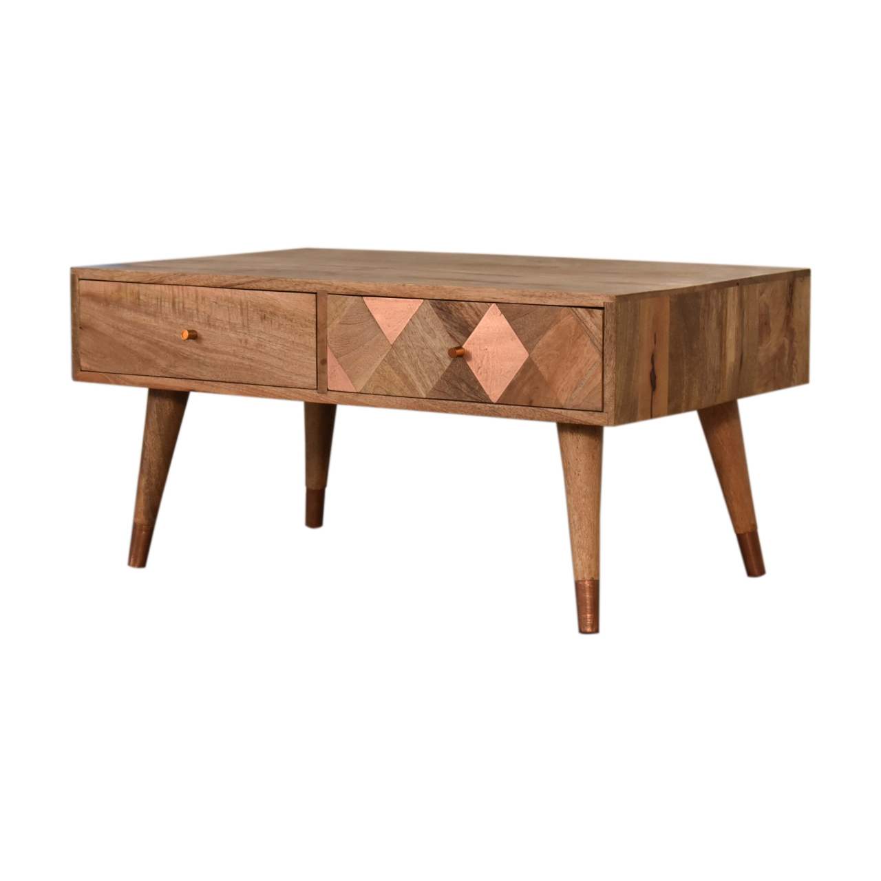 Solid Mango Wood Oak Finished 2 Drawer Copper Inlay Coffee Table - Image 3