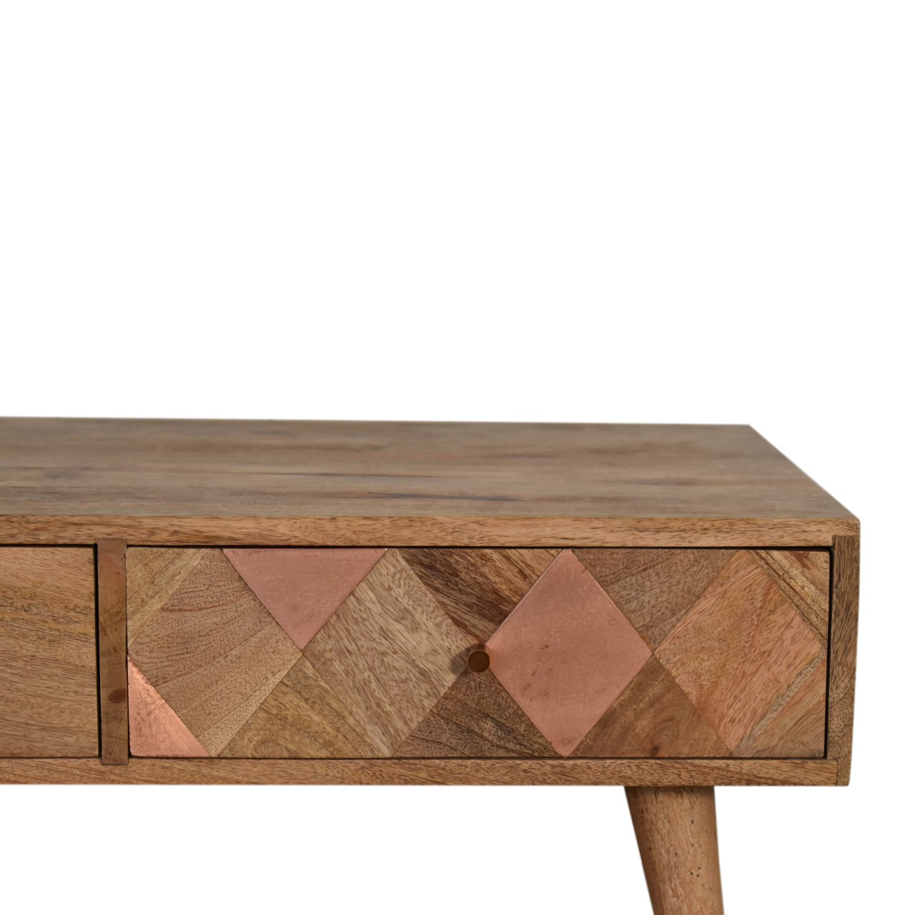 Solid Mango Wood Oak Finished 2 Drawer Copper Inlay Coffee Table - Image 4