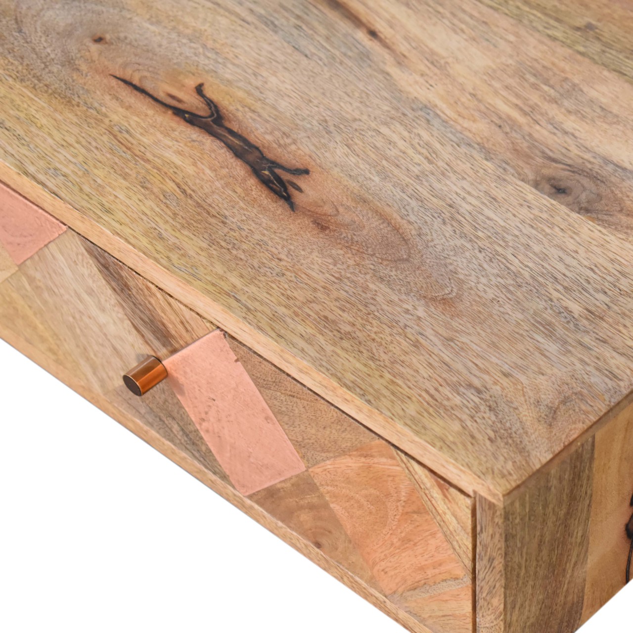 Solid Mango Wood Oak Finished 2 Drawer Copper Inlay Coffee Table - Image 5