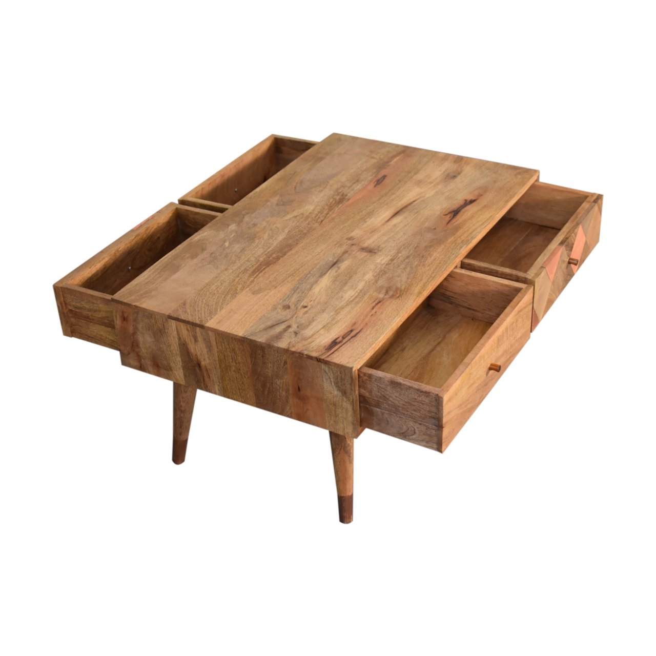 Solid Mango Wood Oak Finished 2 Drawer Copper Inlay Coffee Table - Image 7