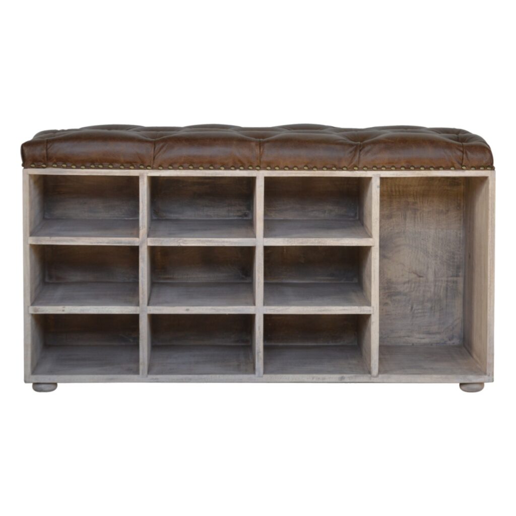 Solid Mango Wood Stone Wash Finished Leather Upholstered Shoe Storage Bench