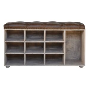 Solid Mango Wood Stone Wash Finished Leather Upholstered Shoe Storage Bench