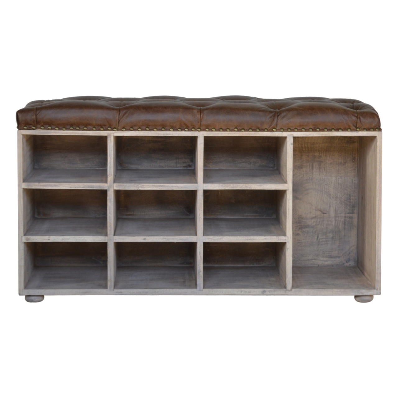 Solid Mango Wood Stone Wash Finished Leather Upholstered Shoe Storage Bench