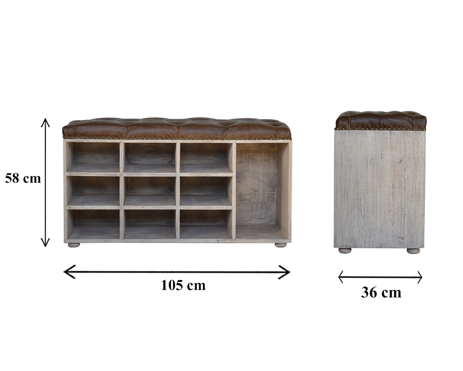 Solid Mango Wood Stone Wash Finished Leather Upholstered Shoe Storage Bench - Image 11