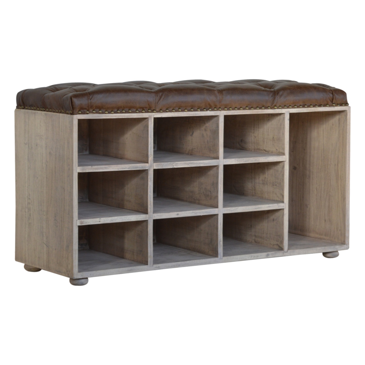 Solid Mango Wood Stone Wash Finished Leather Upholstered Shoe Storage Bench - Image 2