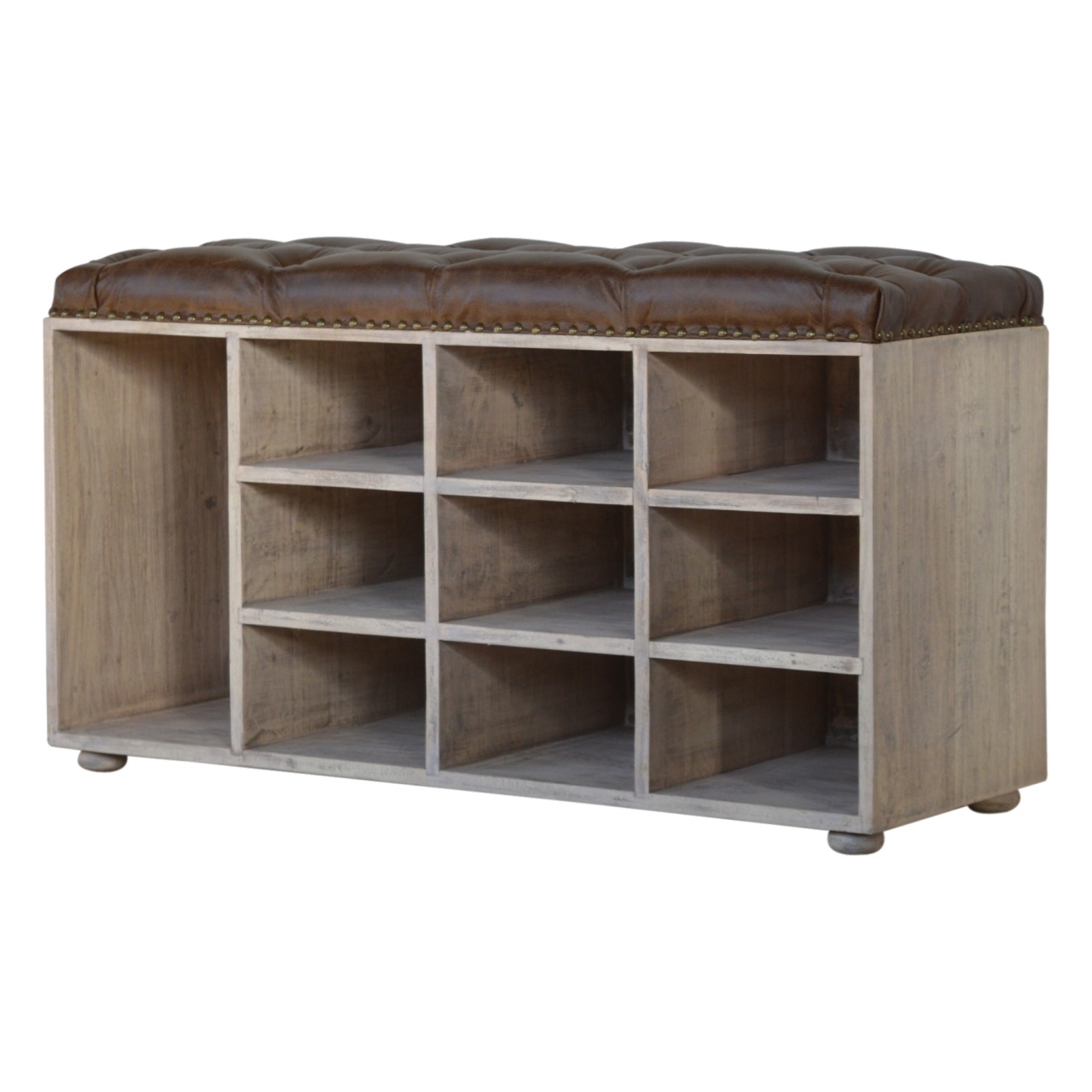 Solid Mango Wood Stone Wash Finished Leather Upholstered Shoe Storage Bench - Image 4
