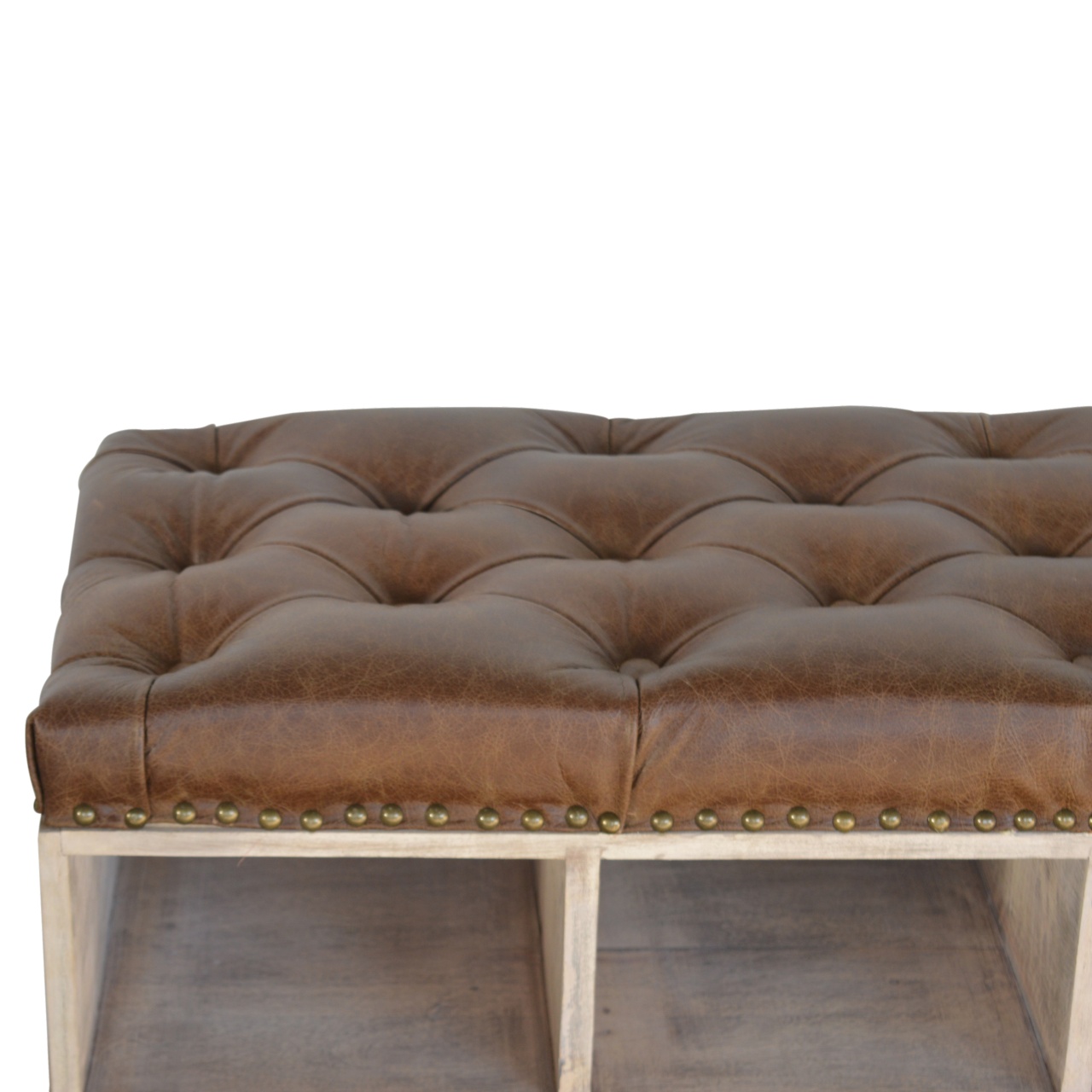 Solid Mango Wood Stone Wash Finished Leather Upholstered Shoe Storage Bench - Image 3